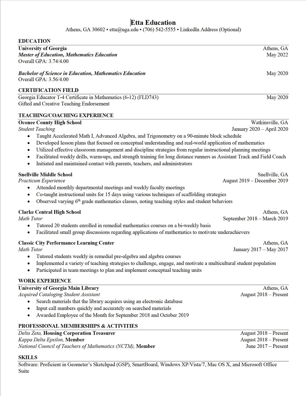career center resume template uga